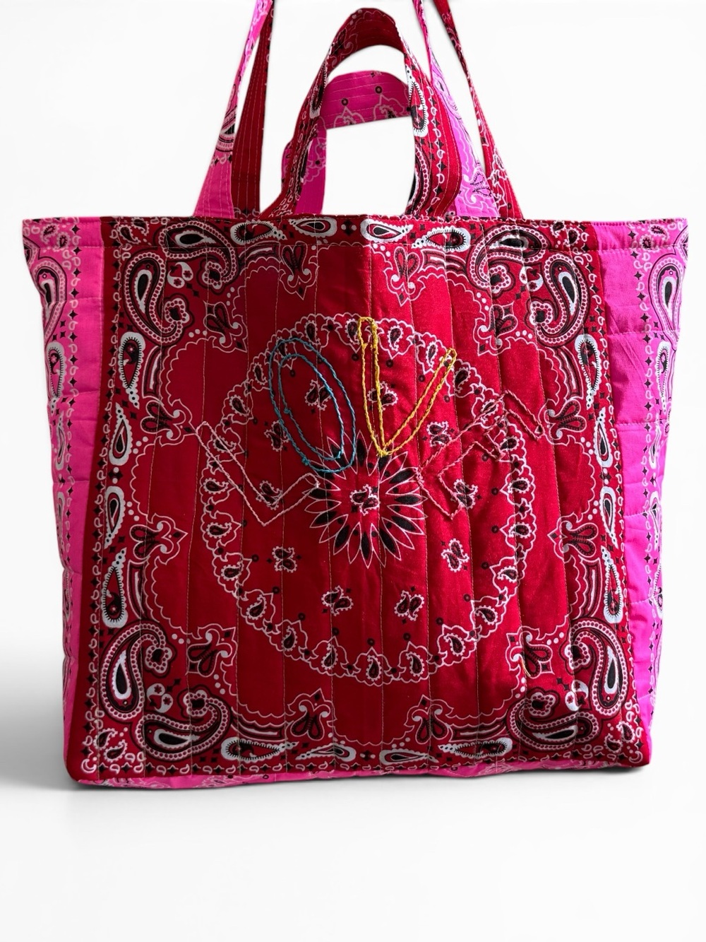 Quilted Handmade Paisley Bandana Love Tote in Red and Pink HUGE Holds Lots
